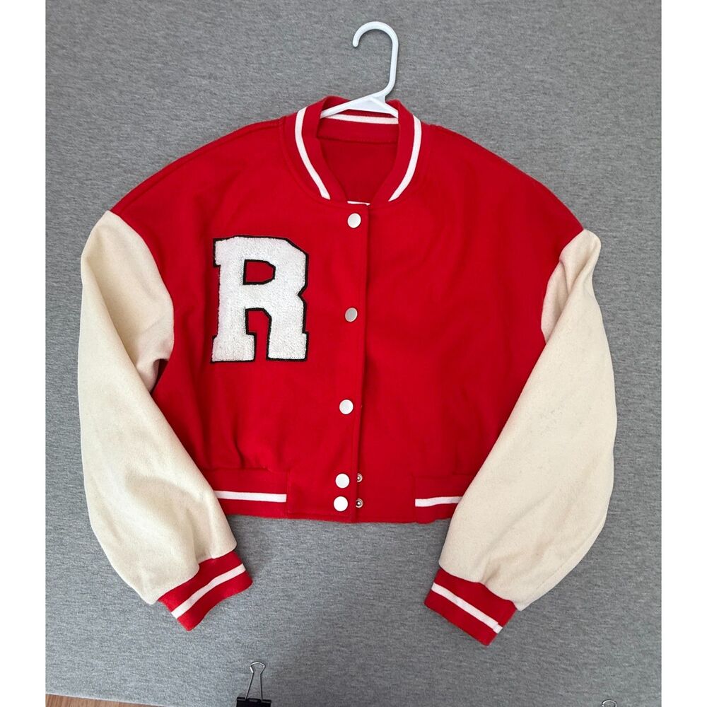 Y2K Varsity Jacket Letterman Cropped Red Colorblock Med College Bomber Jacket